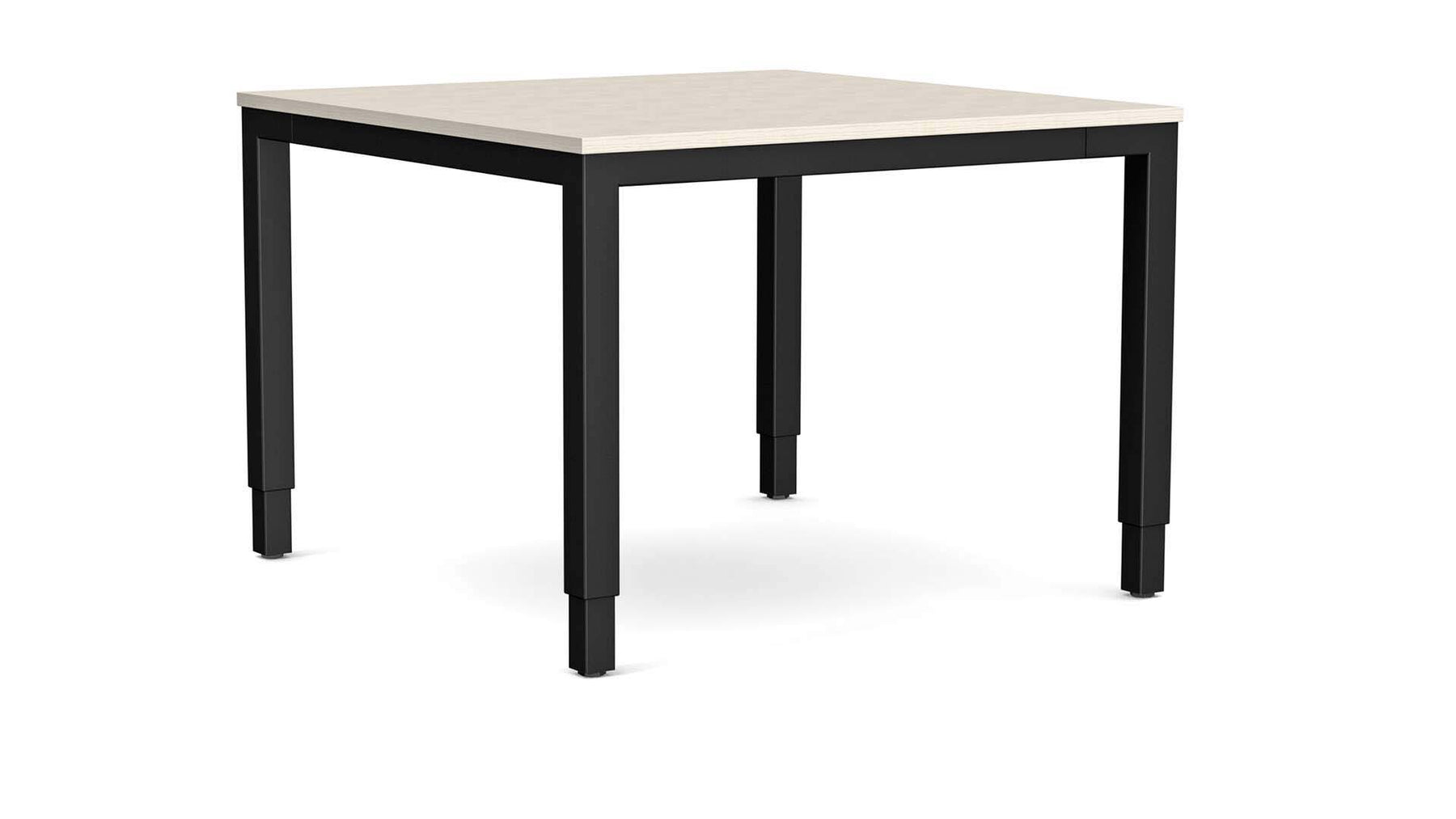 höj och sänkbart matbord med ljust trä och svart stativ