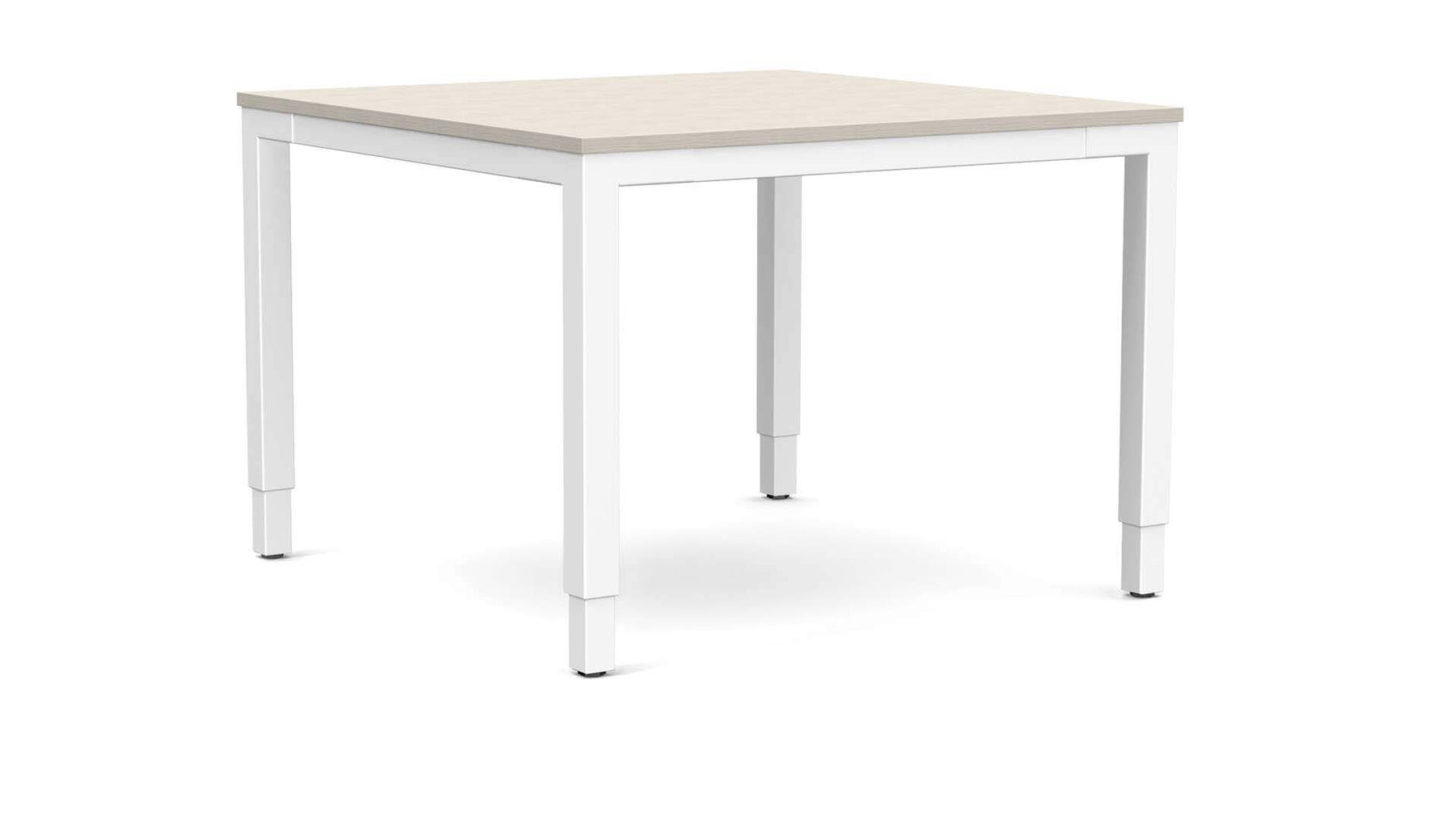 höj och sänkbart matbord med ljus bordsskiva och vitt stativ.