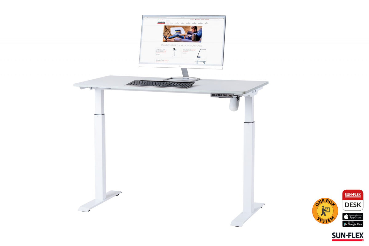 kompakt vitt höj och sänkbart skrivbord perfekt för hemmakontoret.